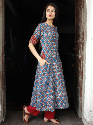 Indigo Rust Hand Block Printed Cotton Long Kurta With Pockets - K158F1838