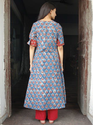 Indigo Rust Hand Block Printed Cotton Long Kurta With Pockets - K158F1838