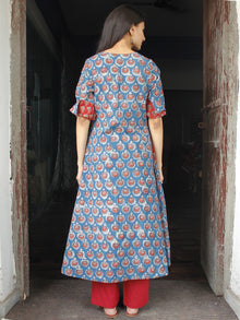 Indigo Rust Hand Block Printed Cotton Long Kurta With Pockets - K158F1838