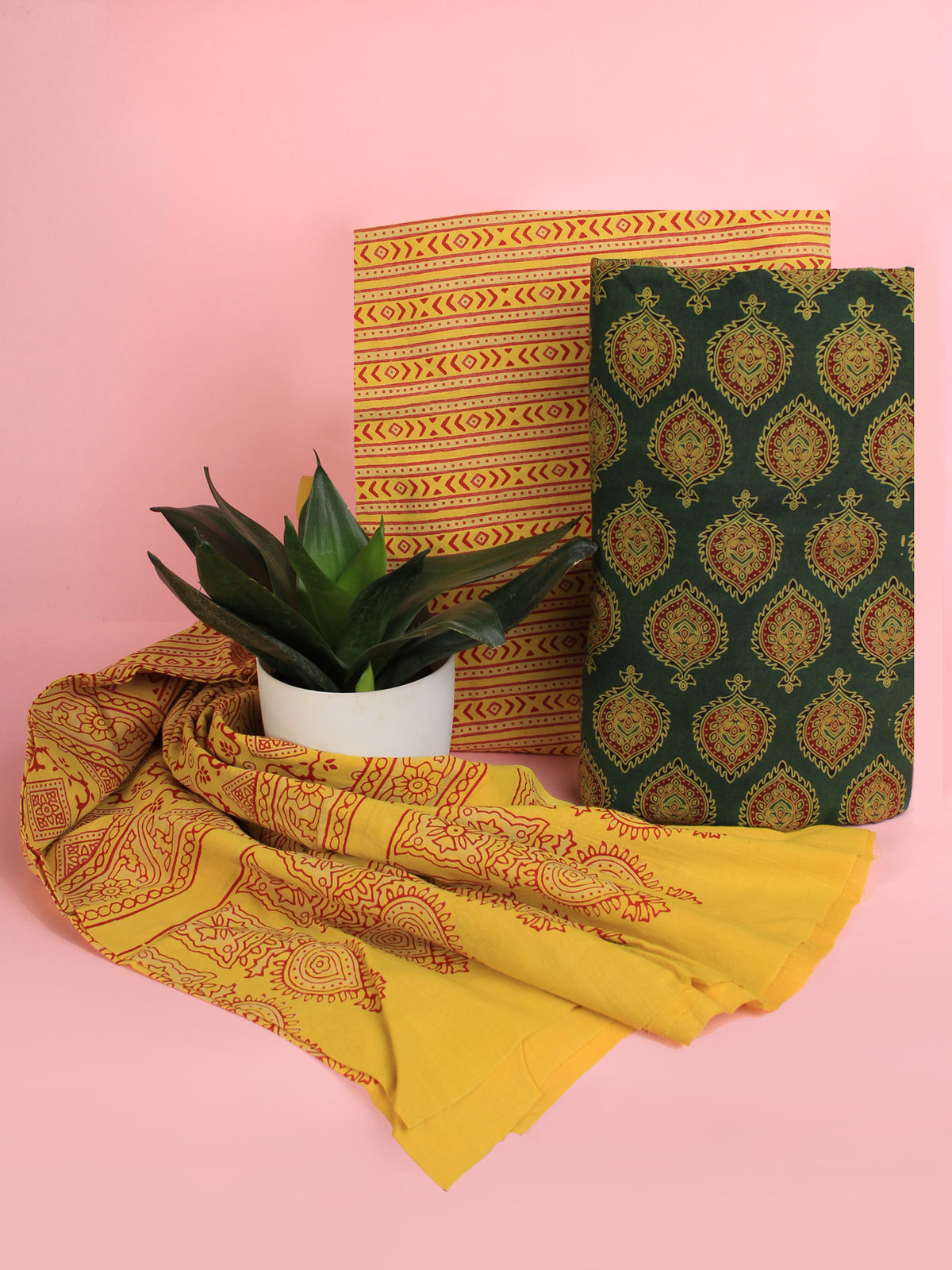 Green Maroon Yellow Ajrakh Hand Block Printed Suit Set (Set of 3) - SU01HB451