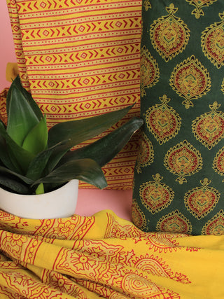 Green Maroon Yellow Ajrakh Hand Block Printed Suit Set (Set of 3) - SU01HB451