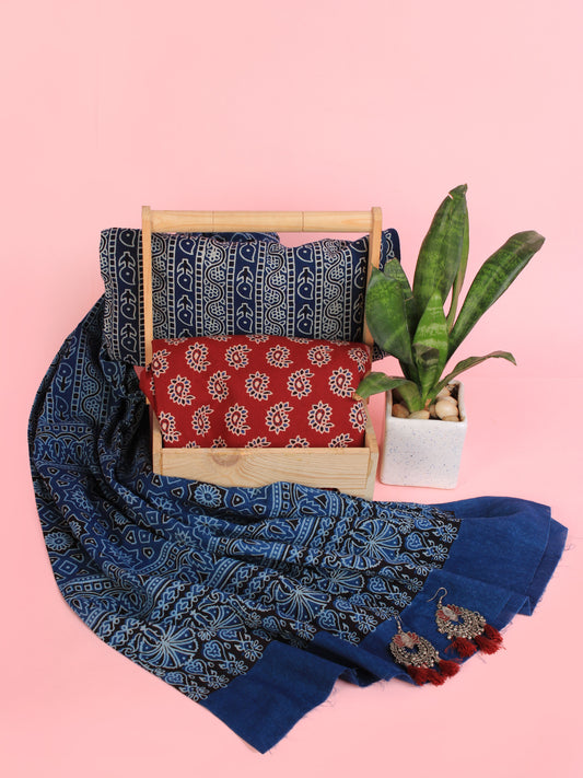 Indigo Red Ivory Ajrakh Hand Block Printed Suit Set (Set of 3) - SU01HB460