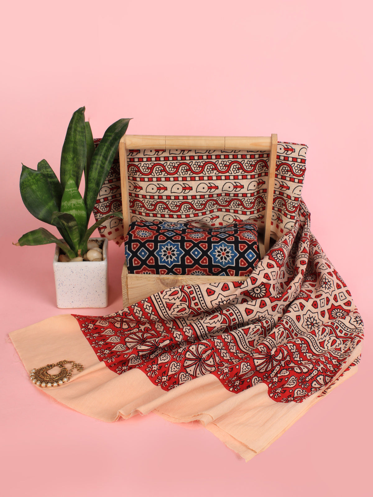 Beige Red Black Ajrakh Hand Block Printed Suit Set (Set of 3) - SU01HB461