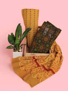 Yellow Green Red Ajrakh Hand Block Printed Suit Set (Set of 3) - SU01HB462