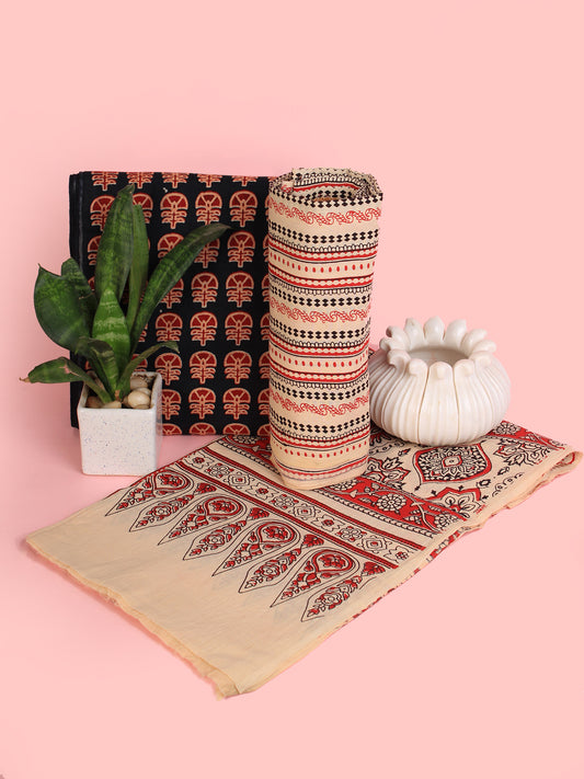 Blue Beige Red Ajrakh Hand Block Printed Suit Set (Set of 3) - SU01HB463