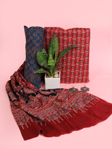 Red Indigo Beige Ajrakh Hand Block Printed Suit Set (Set of 3) - SU01HB464