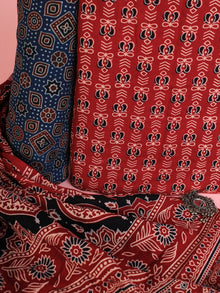 Red Indigo Beige Ajrakh Hand Block Printed Suit Set (Set of 3) - SU01HB464