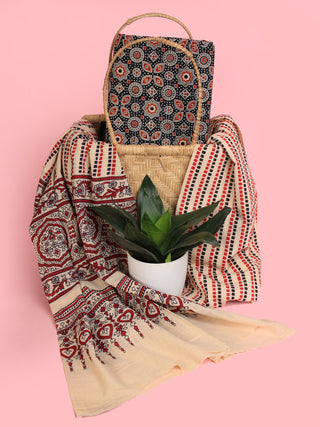 Beige Black Maroon Ajrakh Hand Block Printed Suit Set (Set of 3) - SU01HB465