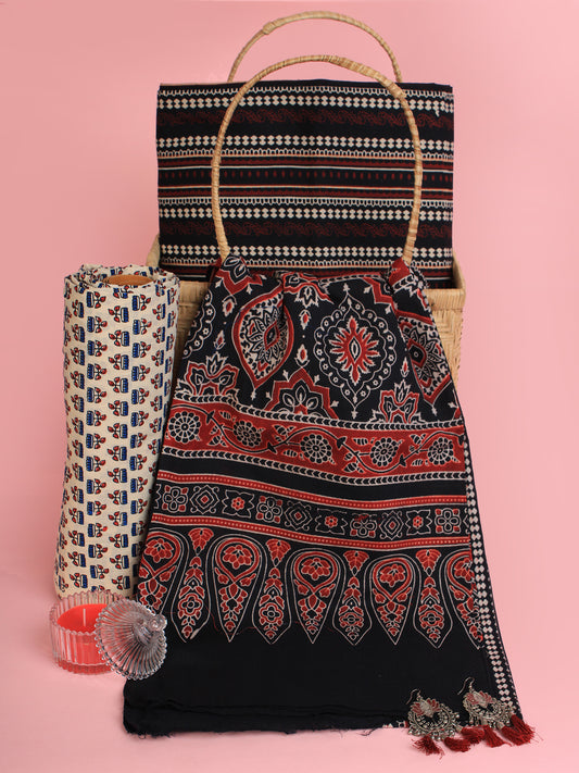 Black Maroon Beige Ajrakh Hand Block Printed Suit Set (Set of 3) - SU01HB466
