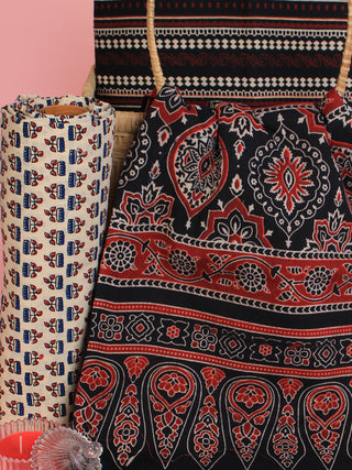 Black Maroon Beige Ajrakh Hand Block Printed Suit Set (Set of 3) - SU01HB466