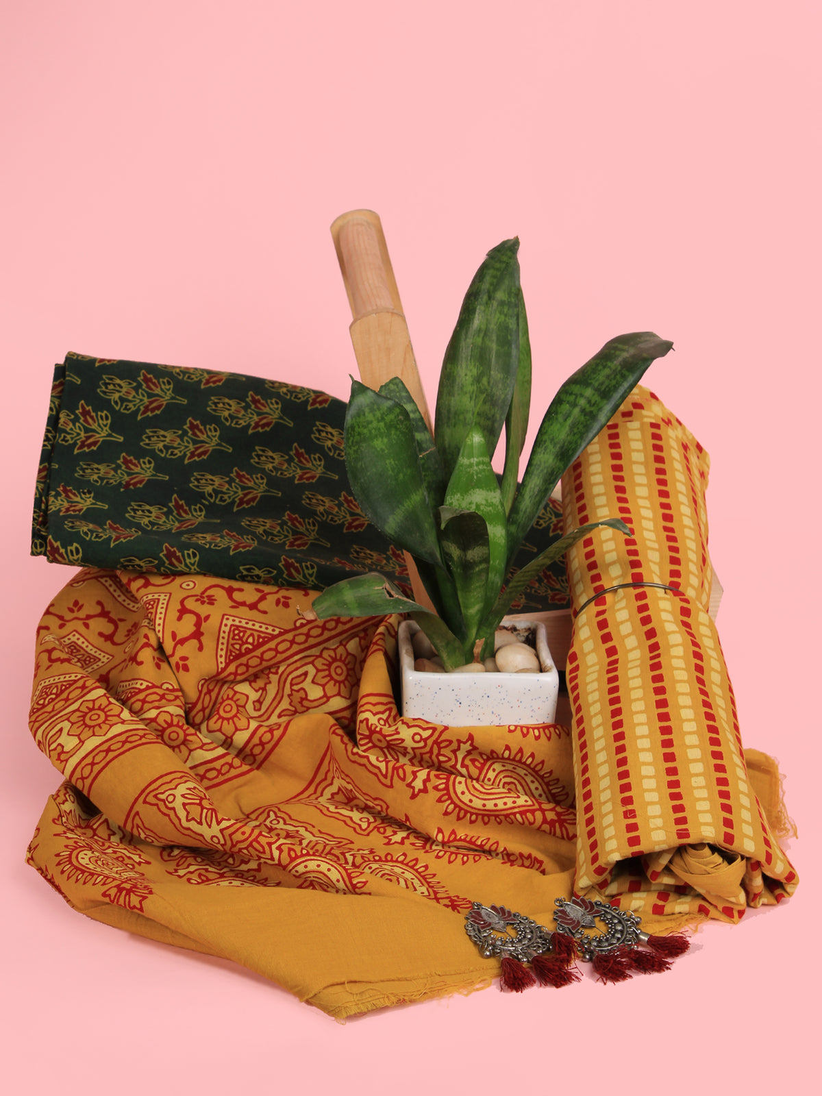 Yellow Green Red Hand Block Printed Suit Set (Set of 3) - SU01HB467