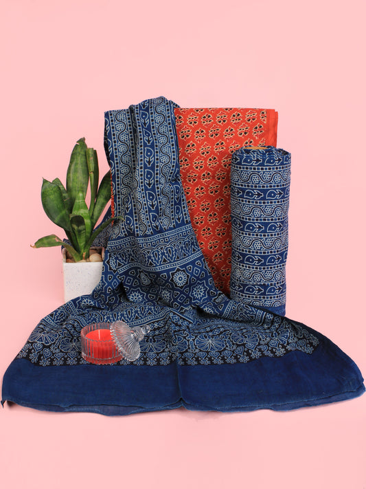 Indigo Tangerine Ivory Hand Block Printed Suit Set (Set of 3) - SU01HB469