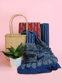 Indigo Maroon Ivory Ajrakh Hand Block Printed Suit Set (Set of 3) - SU01HB452