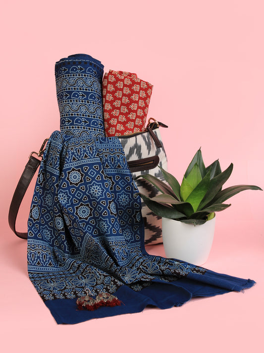 Indigo Maroon Ivory Hand Block Printed Suit Set (Set of 3) - SU01HB472