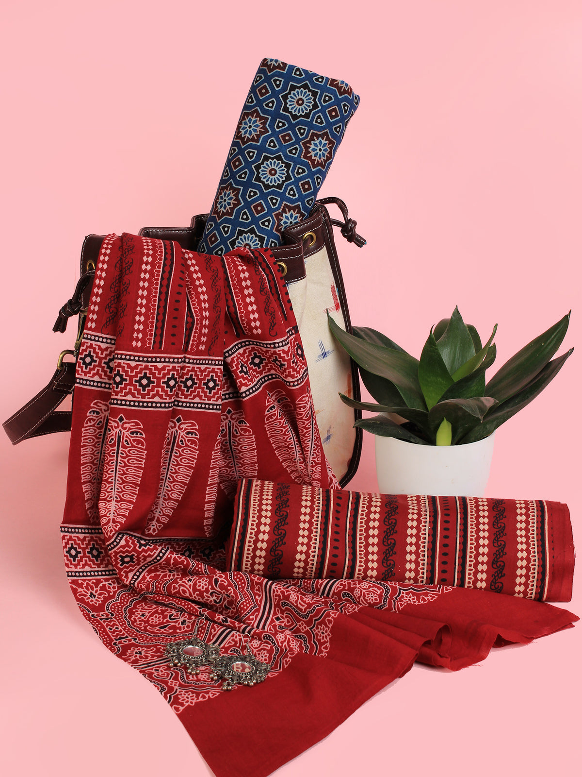 Indigo Maroon Ivory Hand Block Printed Suit Set (Set of 3) - SU01HB473