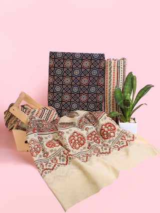 Blue Beige Maroon Ajrakh Hand Block Printed Suit Set (Set of 3) - SU01HB453
