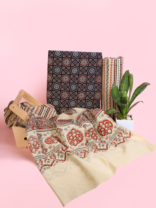 Blue Beige Maroon Ajrakh Hand Block Printed Suit Set (Set of 3) - SU01HB453