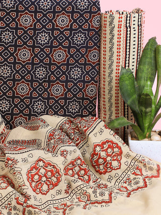 Blue Beige Maroon Ajrakh Hand Block Printed Suit Set (Set of 3) - SU01HB453