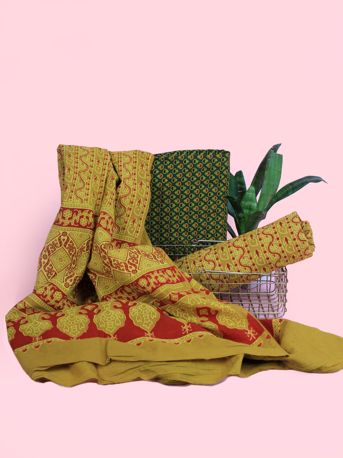 Yellow Green Red Ajrakh Hand Block Printed Suit Set (Set of 3) - SU01HB454