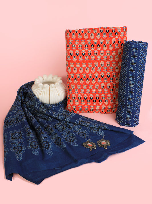 Indigo Red Black Ajrakh Hand Block Printed Suit Set (Set of 3) - SU01HB455