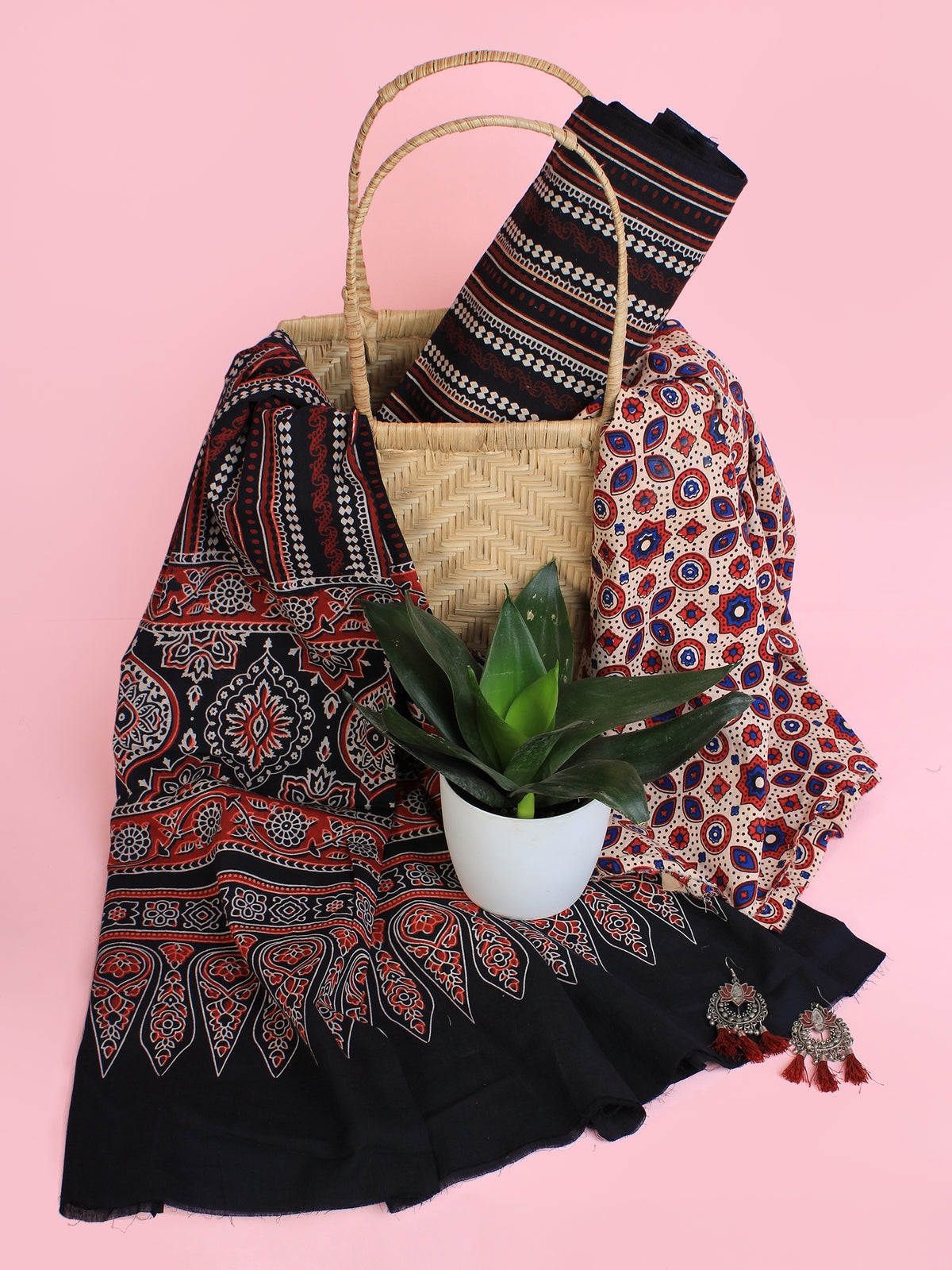 Black Beige Maroon Ajrakh Hand Block Printed Suit Set (Set of 3) - SU01HB456