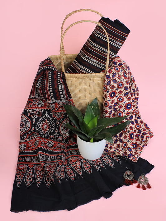 Black Beige Maroon Ajrakh Hand Block Printed Suit Set (Set of 3) - SU01HB456