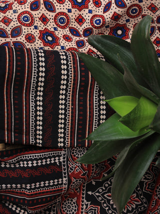Black Beige Maroon Ajrakh Hand Block Printed Suit Set (Set of 3) - SU01HB456
