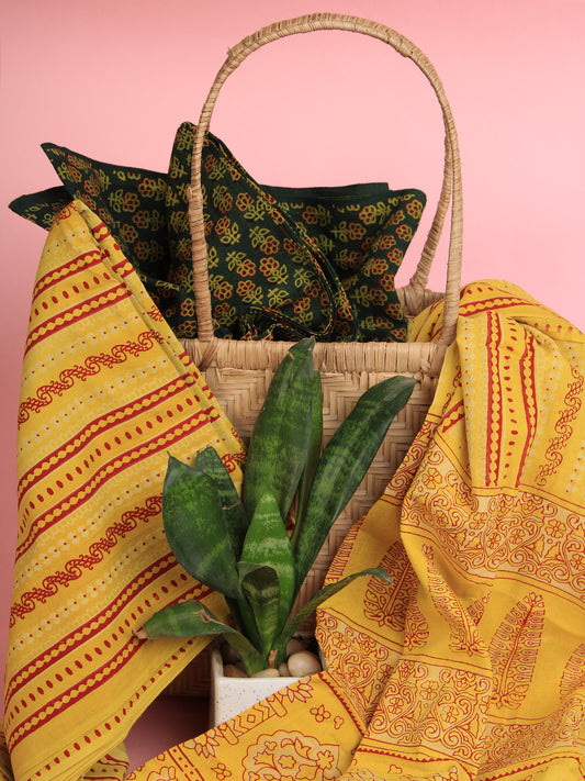 Yellow Green Red Ajrakh Hand Block Printed Suit Set (Set of 3) - SU01HB458