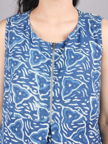 Indigo Hand Block Printed Zip And Flared Sleeveless Cotton Dress - D0277005
