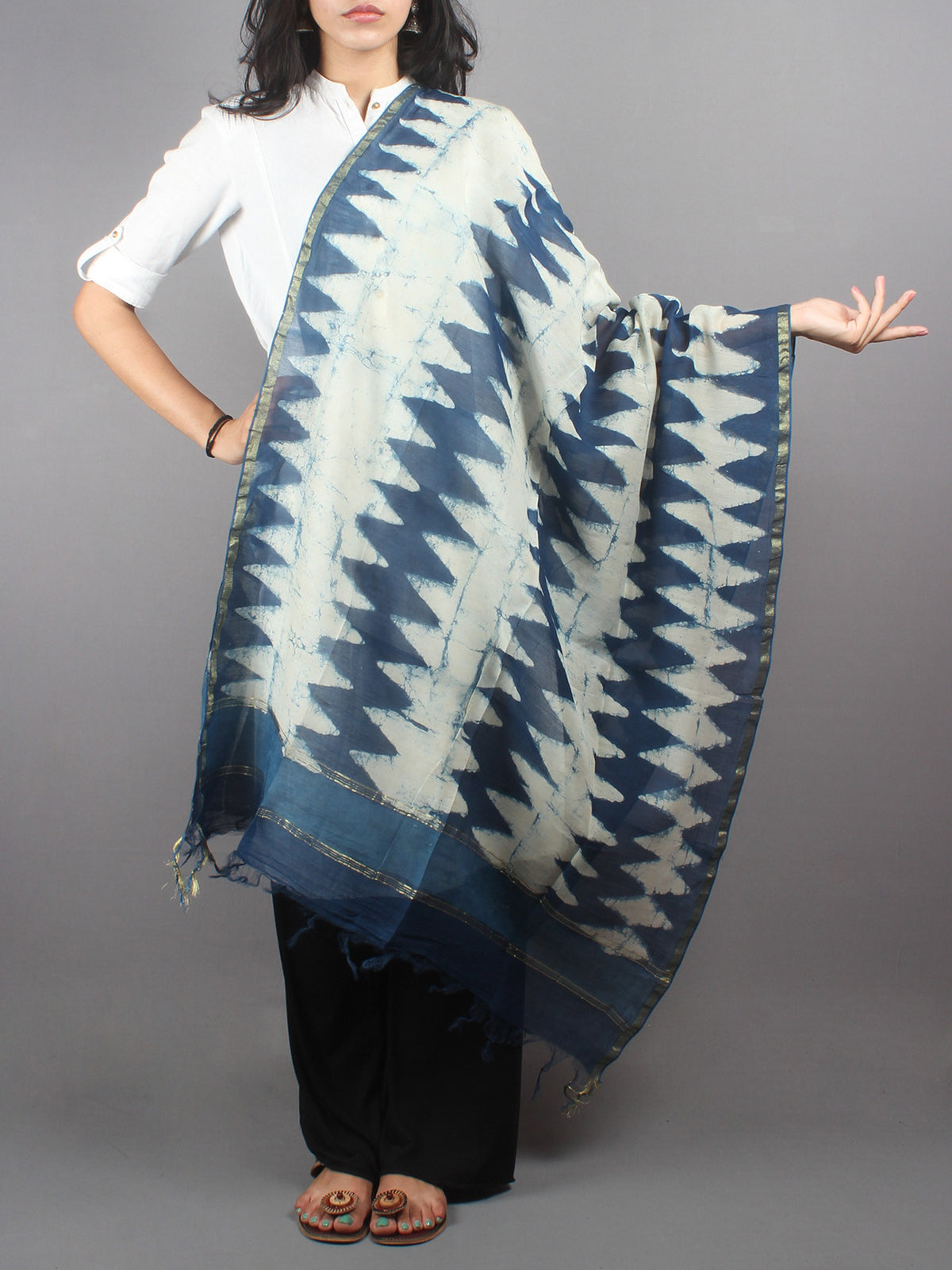 Indigo Chanderi Hand Block Printed Dupatta- D0417027