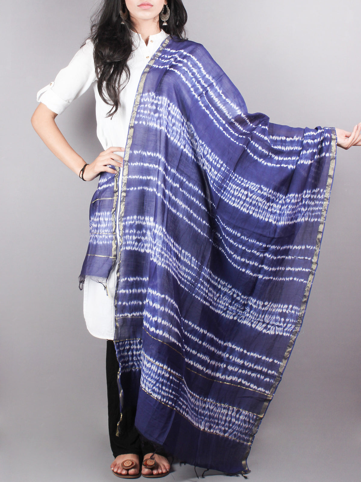 Indigo Shibori Hand Dyed in Natural Vegetable Colors Chanderi Dupatta - D0417058