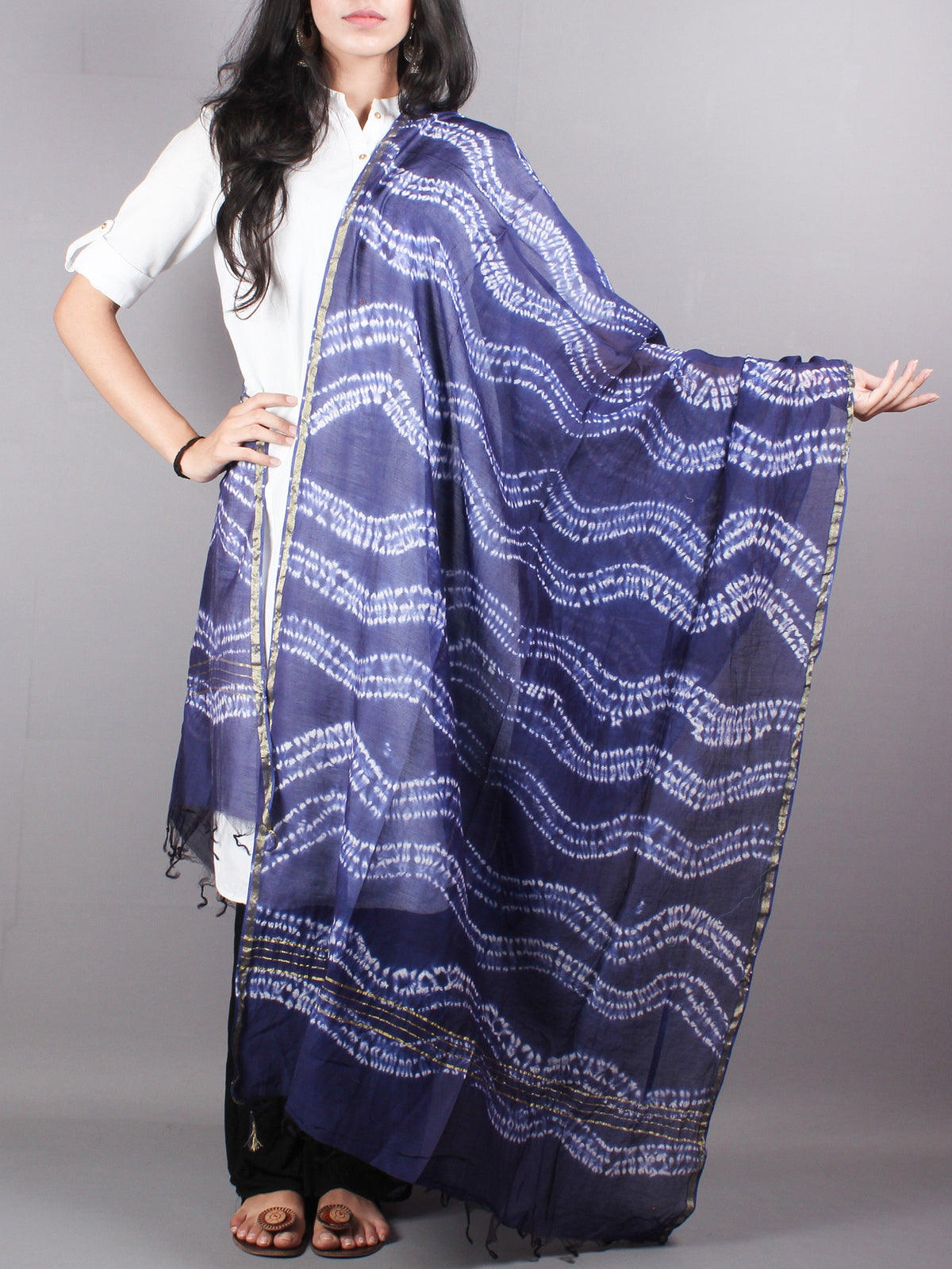 Indigo Shibori Hand Dyed in Natural Vegetable Colors Chanderi Dupatta - D0417060