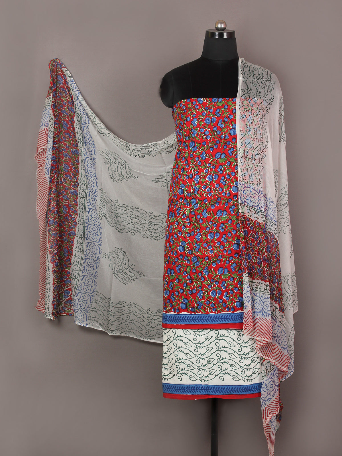 Red Ivory Green Blue Hand Block Printed Cotton Suit-Salwar Fabric With Chiffon Dupatta - S1628162