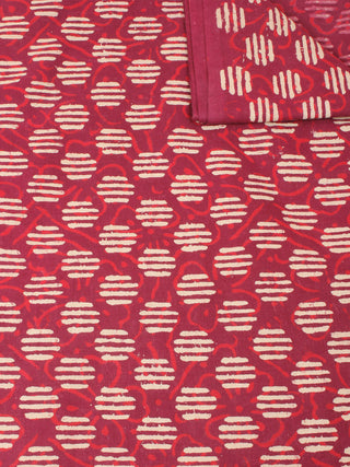 Red With Beige Color Natural Dyed Hand Block Printed Cotton Fabric Per Meter - F0916212