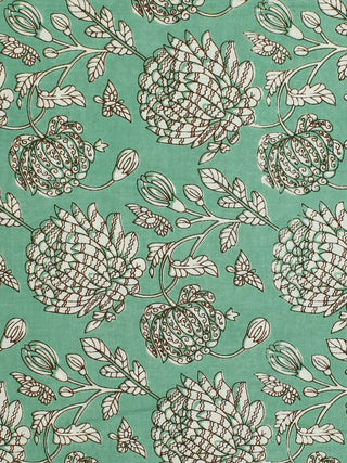 Green Brown Hand Block Printed Cotton Fabric Per Meter - F001F2294
