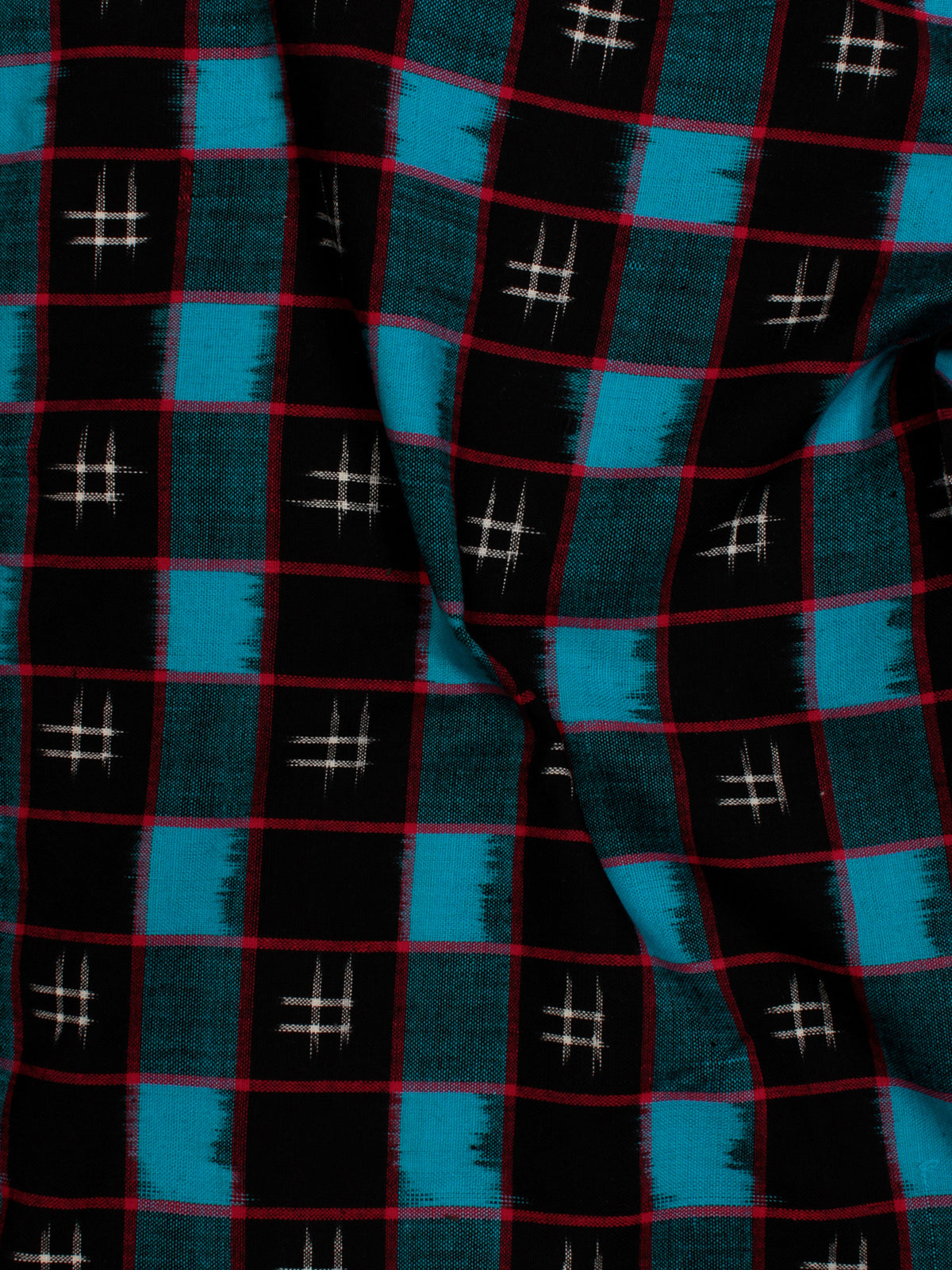 Black Blue White Pochampally Hand Weaved Double Ikat Fabric Per Meter - F002F823