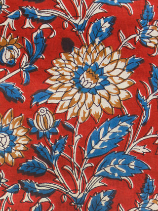 Red Indigo Mustard Ivory Hand Block Printed Cotton Fabric Per Meter - F001F1483