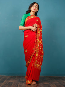 Red Yellow Green Aari Embroidered Crepe Silk Saree From Kashmir  - S031703069