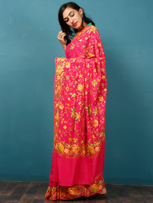 Red Yellow Green Aari Embroidered Bhagalpuri Silk Saree From Kashmir  - S031703070