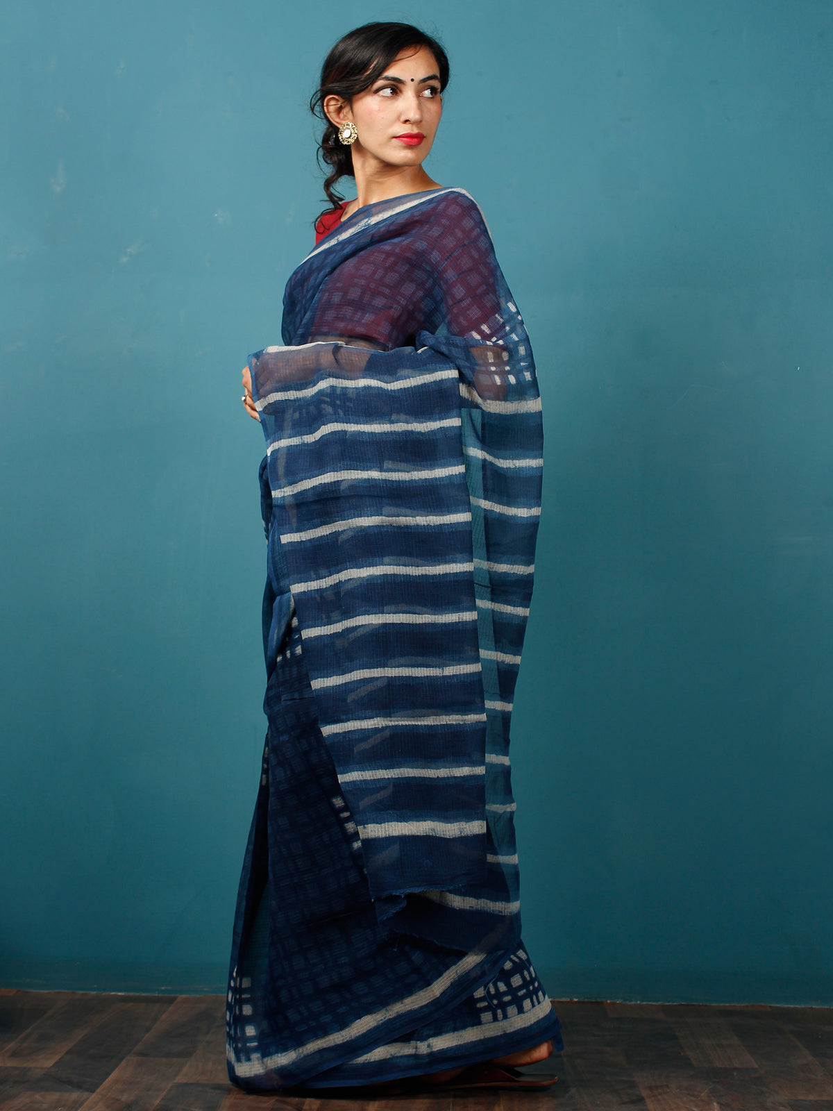 Indigo Ivory Hand Block Printed Kota Doria Saree in Natural Colors - S031702826