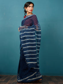Indigo Ivory Hand Block Printed Kota Doria Saree in Natural Colors - S031702826