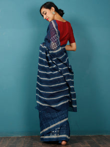 Indigo Ivory Hand Block Printed Kota Doria Saree in Natural Colors - S031702826