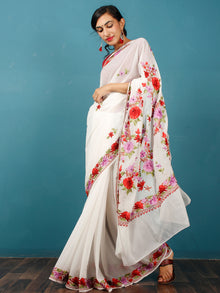 White Purple Red Maroon Green Aari Embroidered Georgette Saree From Kashmir - S031703072