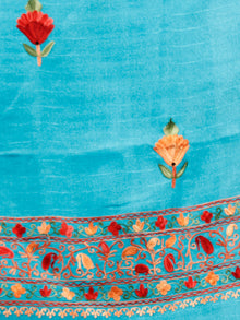 Turquoise Blue Rust Orange Aari Embroidered Bhagalpuri Silk Saree From Kashmir - S031703073