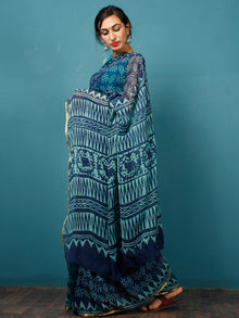 Indigo Sky Blue Hand Block Printed Chiffon Saree with Zari Border - S031702816
