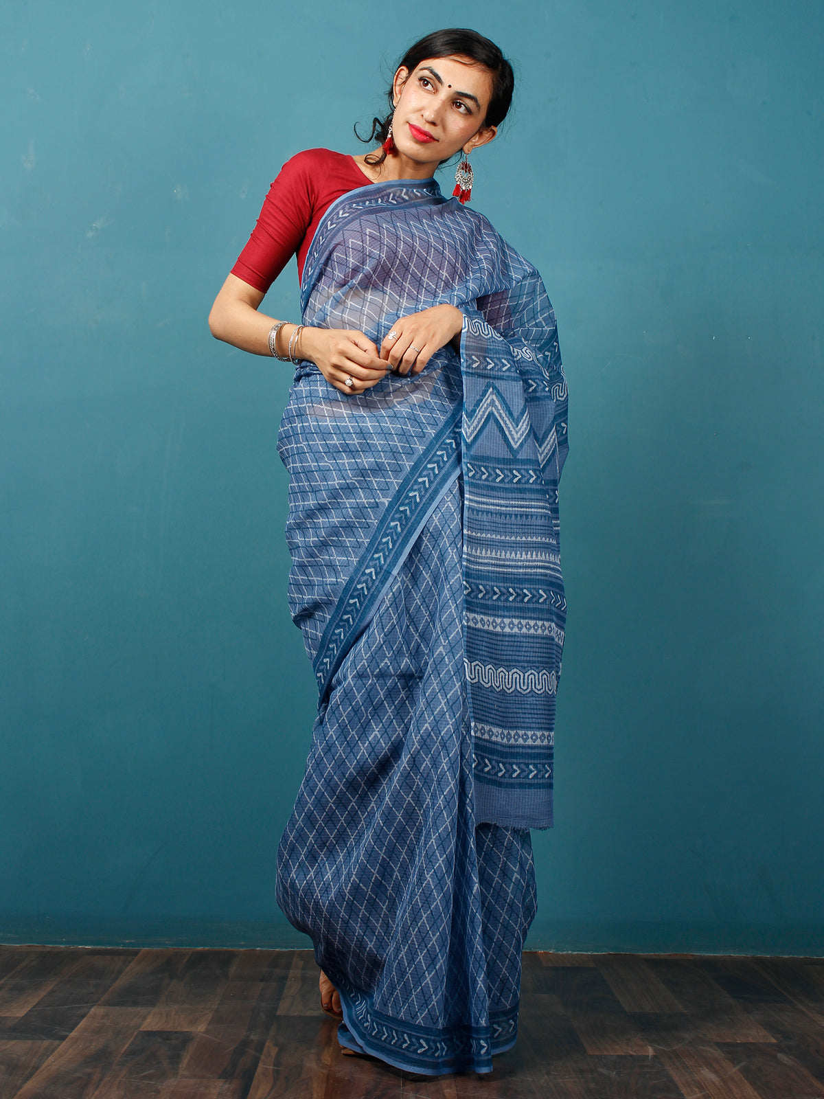 Indigo Ivory Hand Block Printed Kota Doria Saree in Natural Colors - S031702832