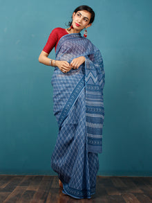 Indigo Ivory Hand Block Printed Kota Doria Saree in Natural Colors - S031702832