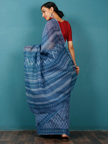 Indigo Ivory Hand Block Printed Kota Doria Saree in Natural Colors - S031702832