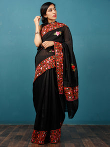 Black Lavender Green Orange Aari Embroidered Bhagalpuri Silk Saree From Kashmir - S031703076