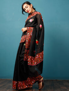 Black Lavender Green Orange Aari Embroidered Bhagalpuri Silk Saree From Kashmir - S031703076